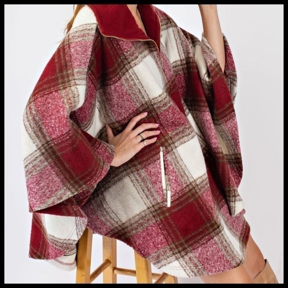 Easel Ultra Lux Cozy Red Plaid Wool Blend Poncho Cape Zippered Neck NWT - Picture 12 of 15